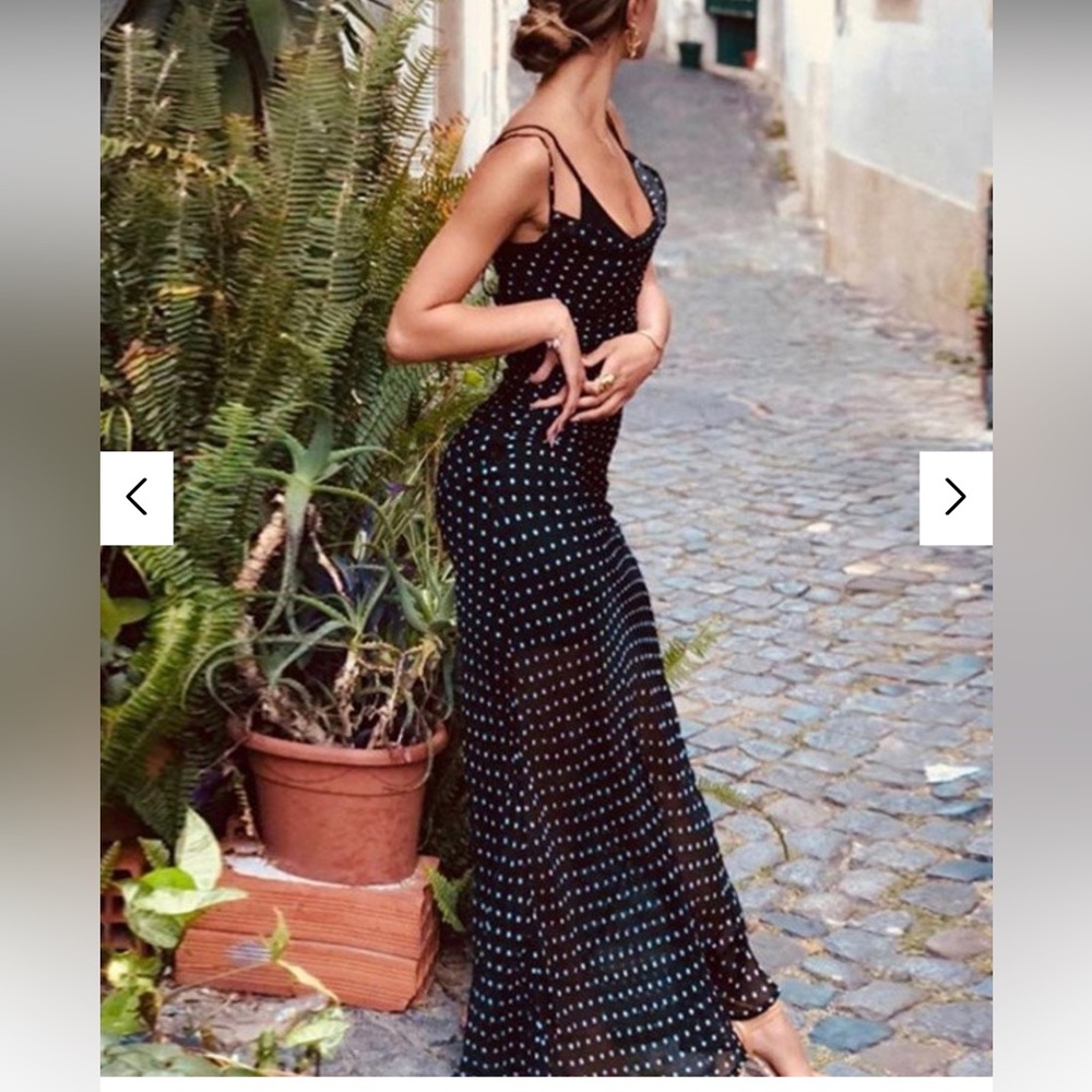 Polka Dot Sheer Maxi Dress 
Fabric Content: Polyester, Spandex
Slim fit